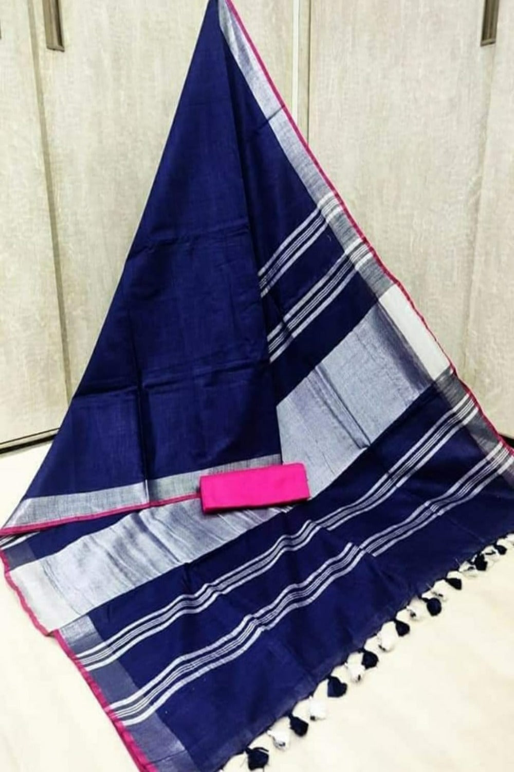 dark blue cotton linen saree - linenworldonline.in