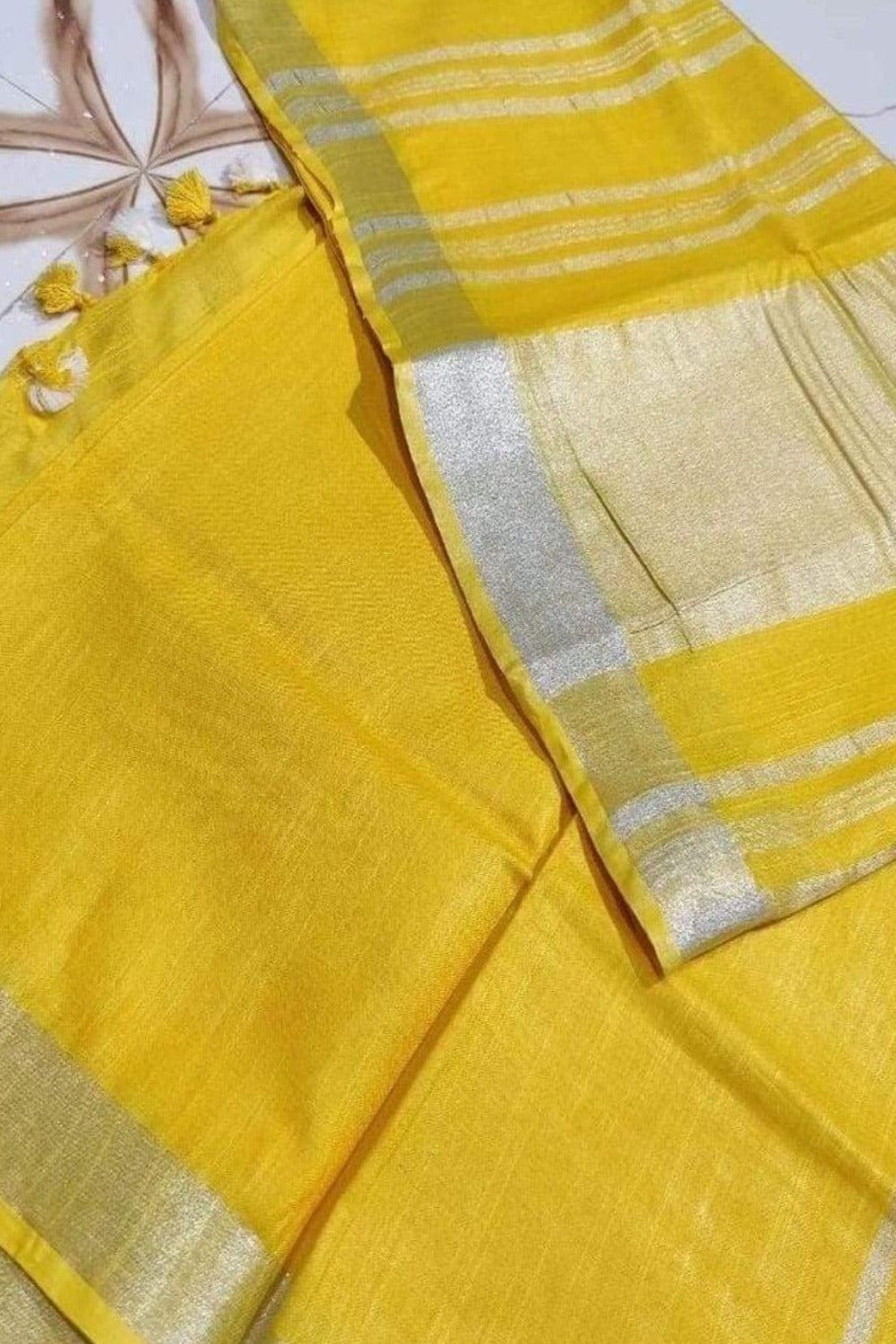 yellow handloom cotton linen saree - linenworldonline.in