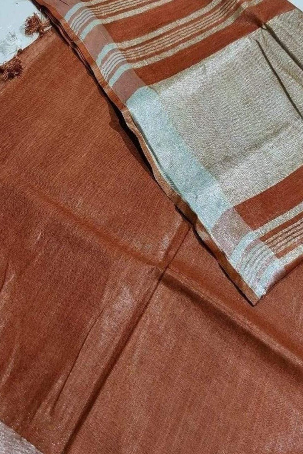 brown handloom cotton linen saree - linenworldonline.in