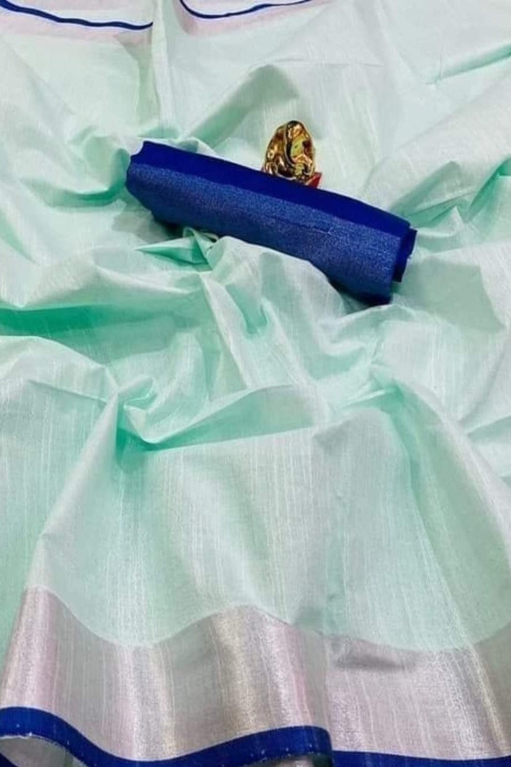 blue handloom cotton linen saree - linenworldonline.in