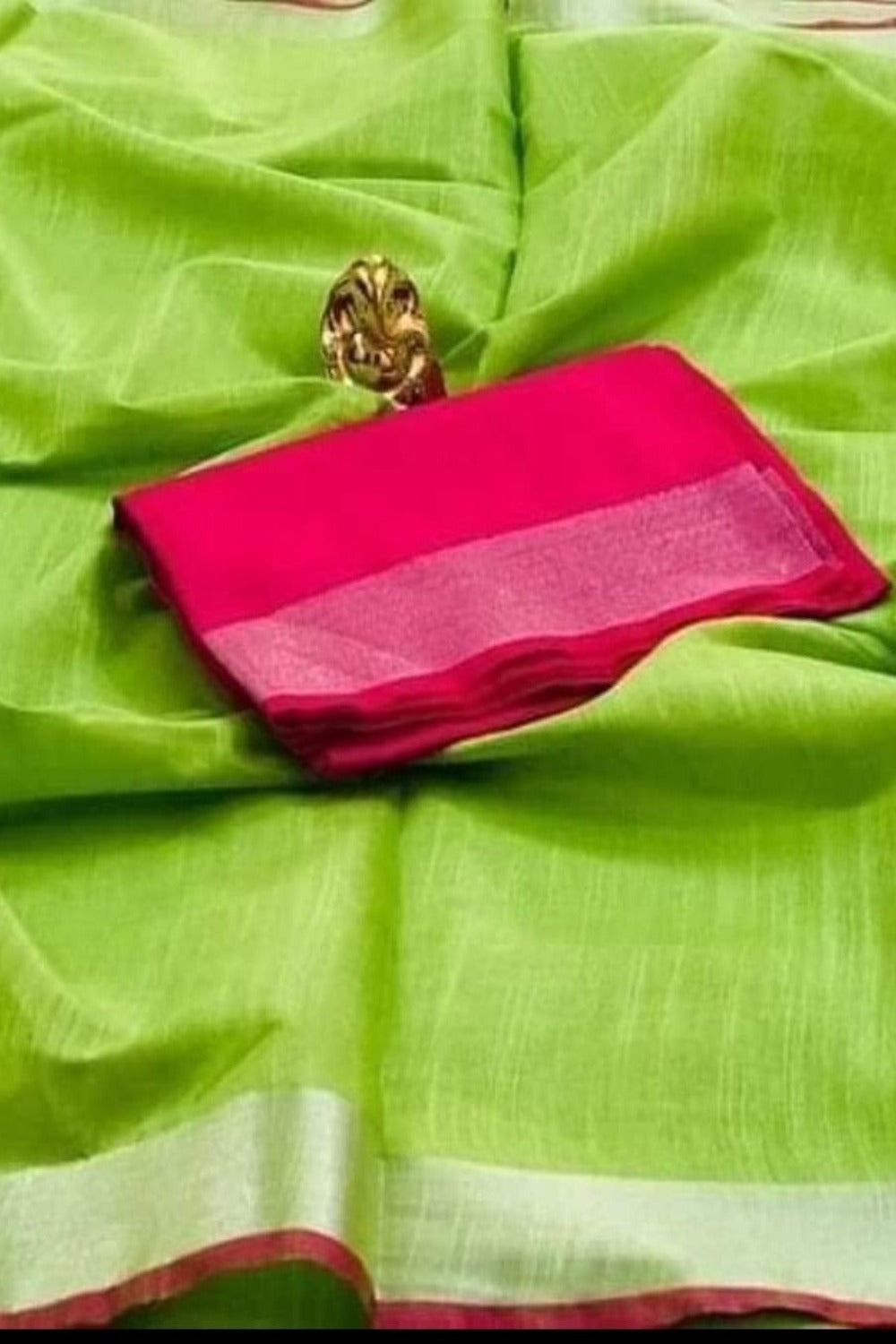 green handloom cotton linen saree - linenworldonline.in