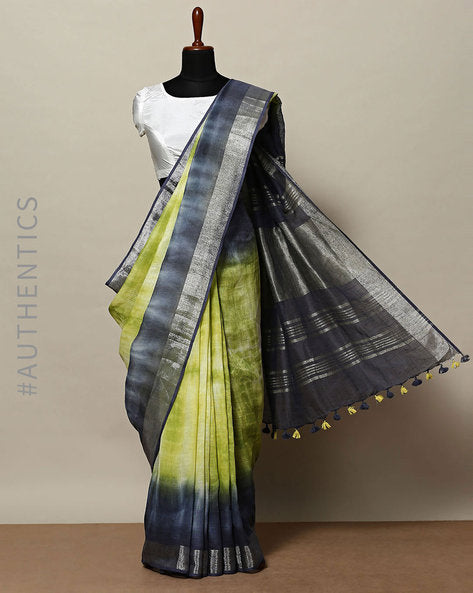 blue green pure linen shibori dyed saree - linenworldonline.in