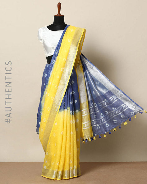 yellow blue shibori linen saree - linenworldonline..in