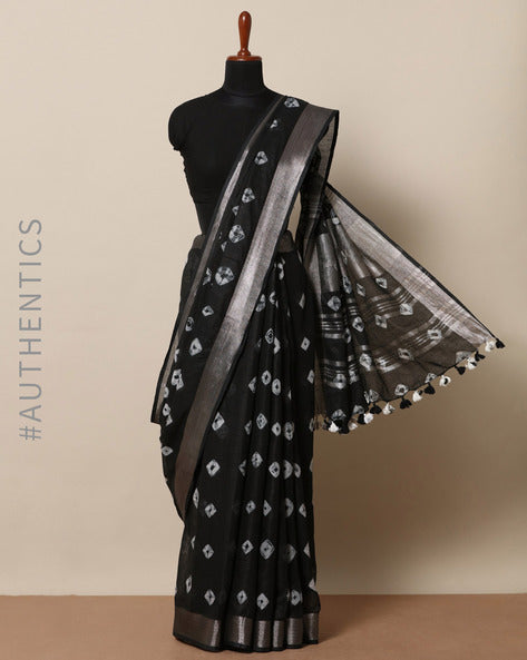 black shibori pure llinen saree - linenworldonline.in