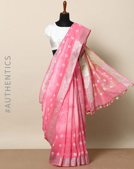 pink shibori linen saree - linenworldonline.in