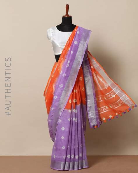 orange purple pure linen shibori dyed saree - linenworldonline.in