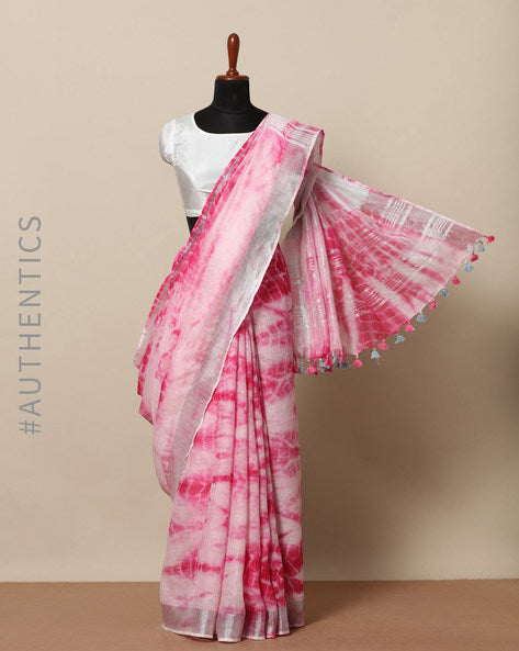pink pure linen shibori dyed saree - linenworldonline.in