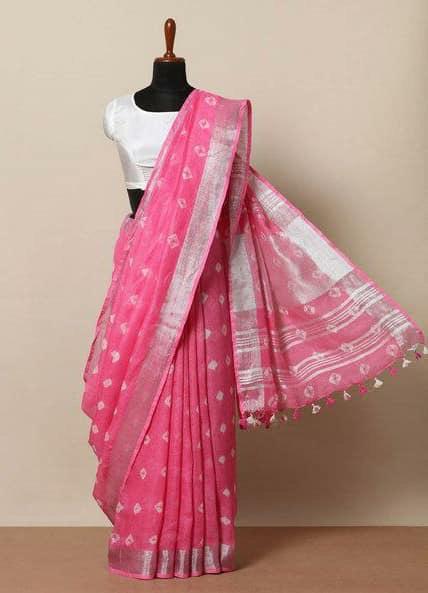 pink shibori linen saree - linenworldonline.in