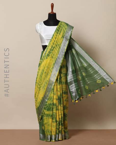 yellow green pure linen shibori dyed saree - linenworldonline.in