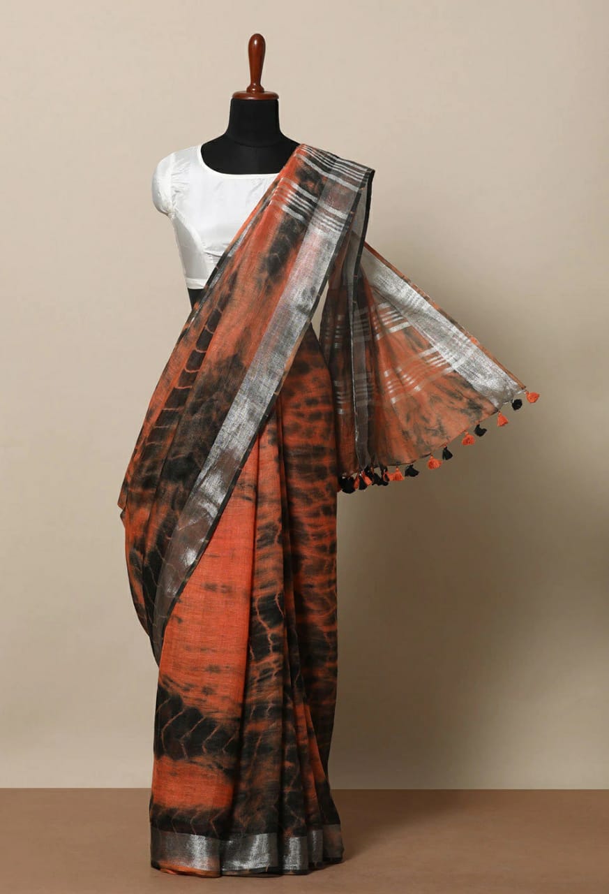rust red black pure linen shibori dyed saree - linenworldonline.in