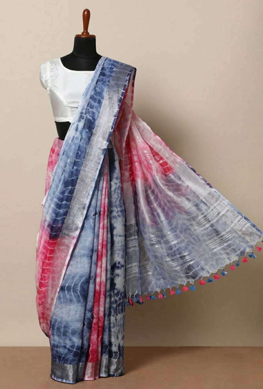 pink blue pure linen shibori dyed saree - linenworldonline.in
