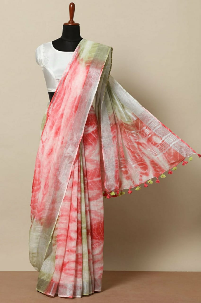peach green pure linen shibori dyed saree - linenworldonline.in