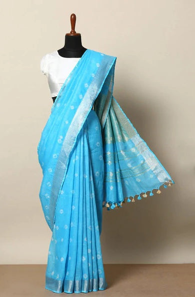 blue pure linen shibori dyed saree - linenworldonline.in