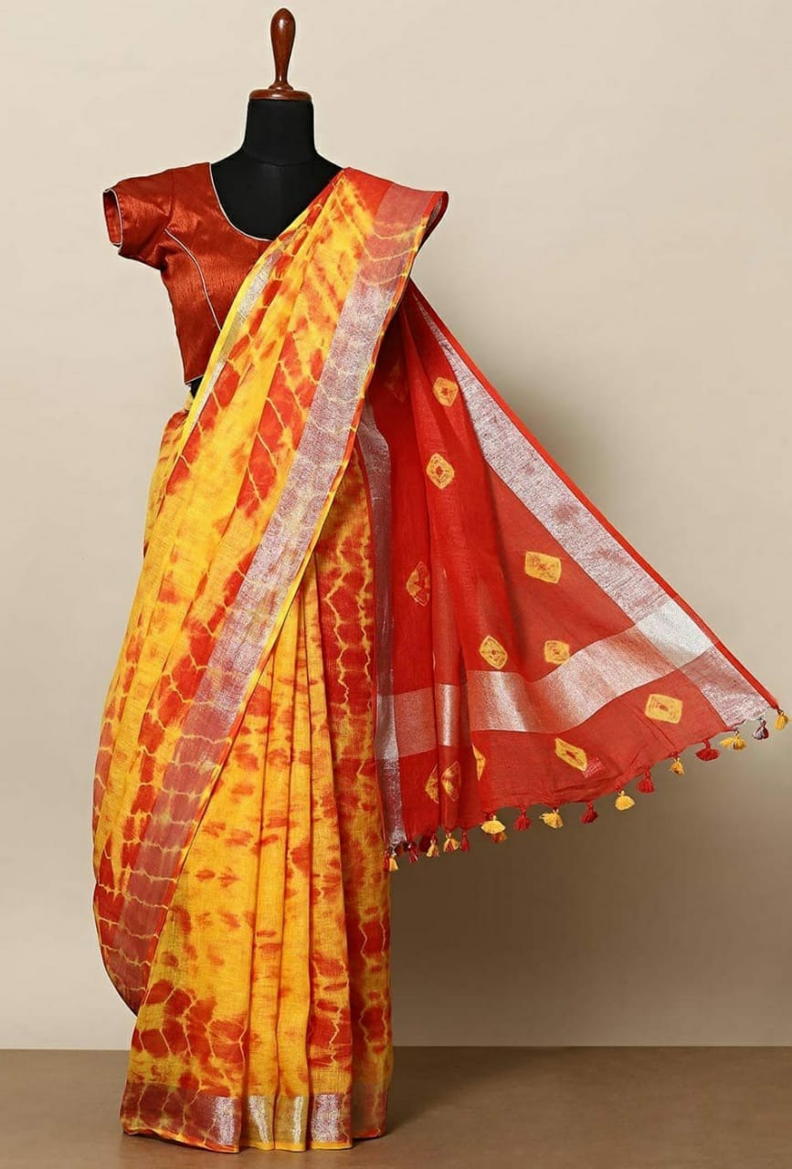 yellow red pure linen shibori dyed saree - linenworldonline.in