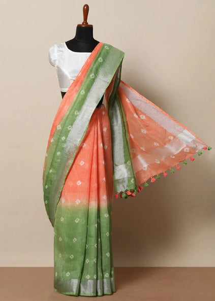 peach green pure linen shibori dyed saree - linenworldonline.in