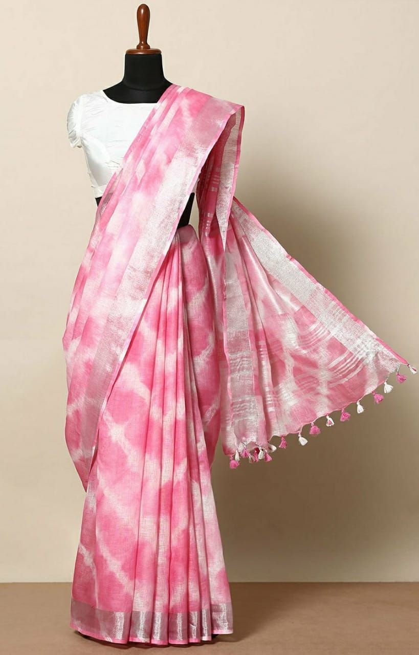 pink pure linen shibori dyed saree - linenworldonline.in