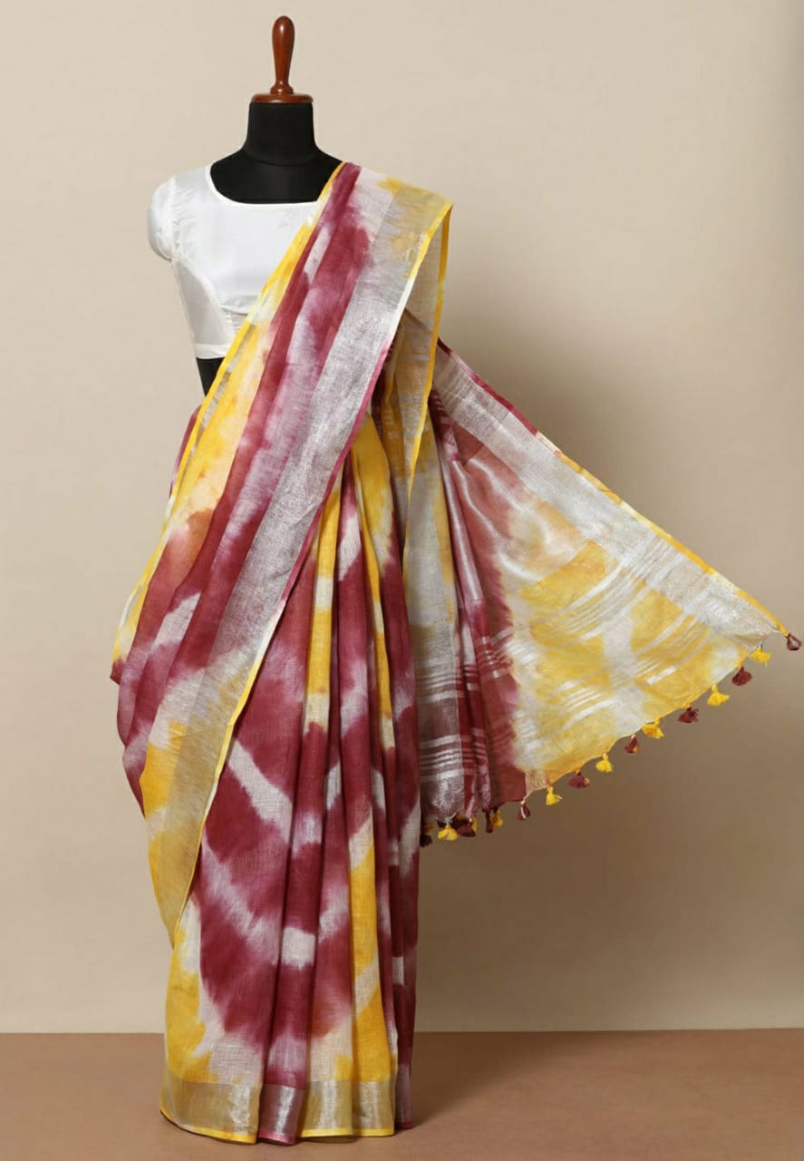 maroon yellow pure linen shibori dyed saree - linenworldonline.in