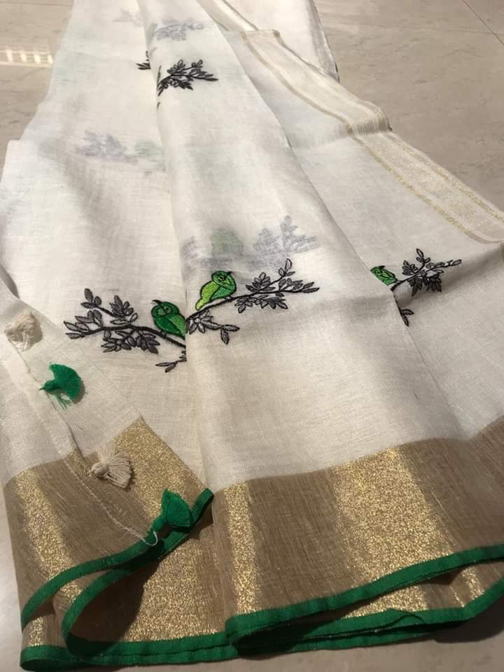 Bird Embroidered Linen Saree - linenworldonline.in
