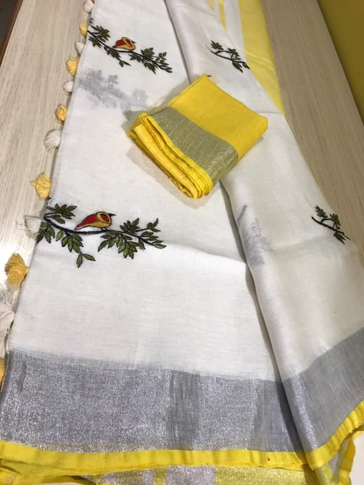 Bird Embroidered Linen Saree - linenworldonline.in