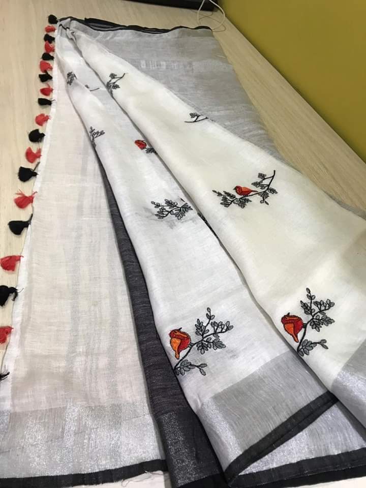 Bird Embroidered Linen Saree - linenworldonline.in