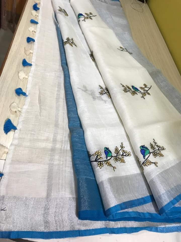 Bird Embroidered Linen Saree - linenworldonline.in