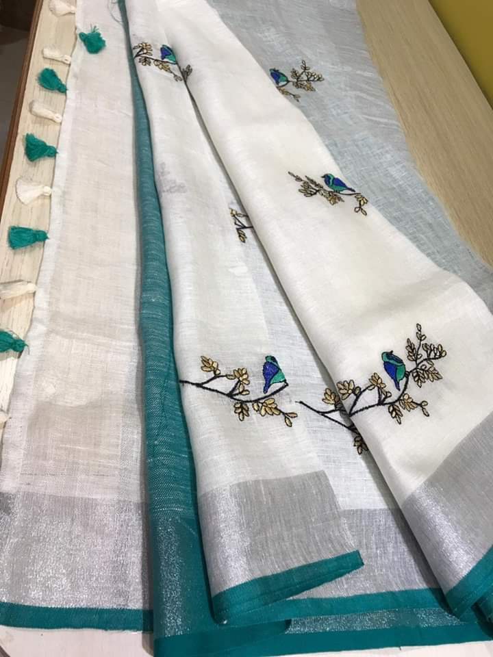 Bird Embroidered Linen Saree - linenworldonline.in