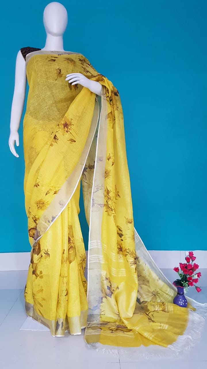 Digital Printed Handwoven Linen Saree