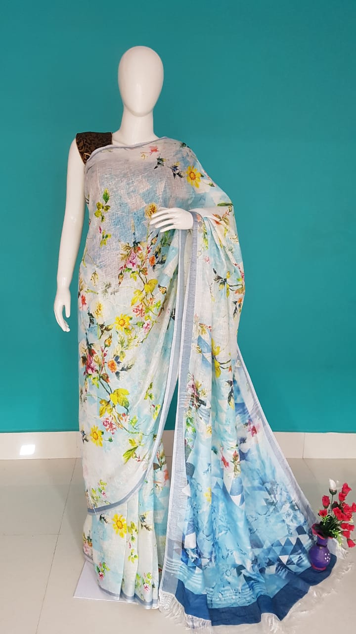 Digital Printed Handwoven Linen Saree