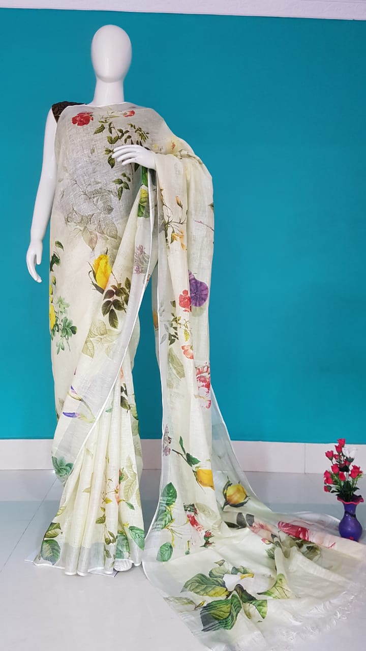 Digital Printed Handwoven Linen Saree