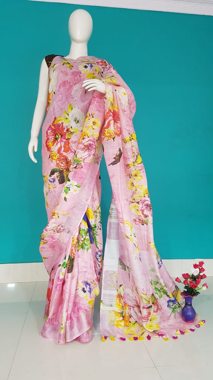 Digital Printed Handwoven Linen Saree