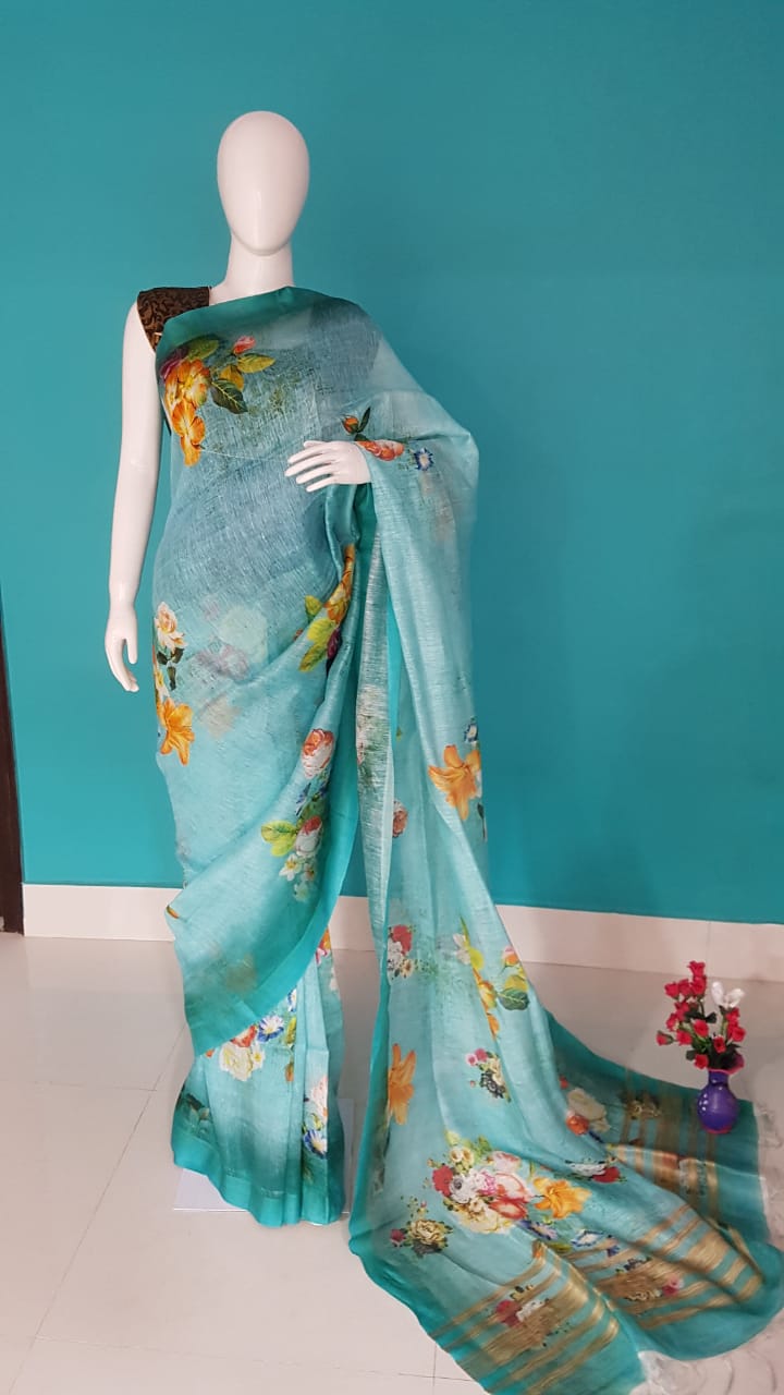 Digital Printed Handwoven Linen Saree