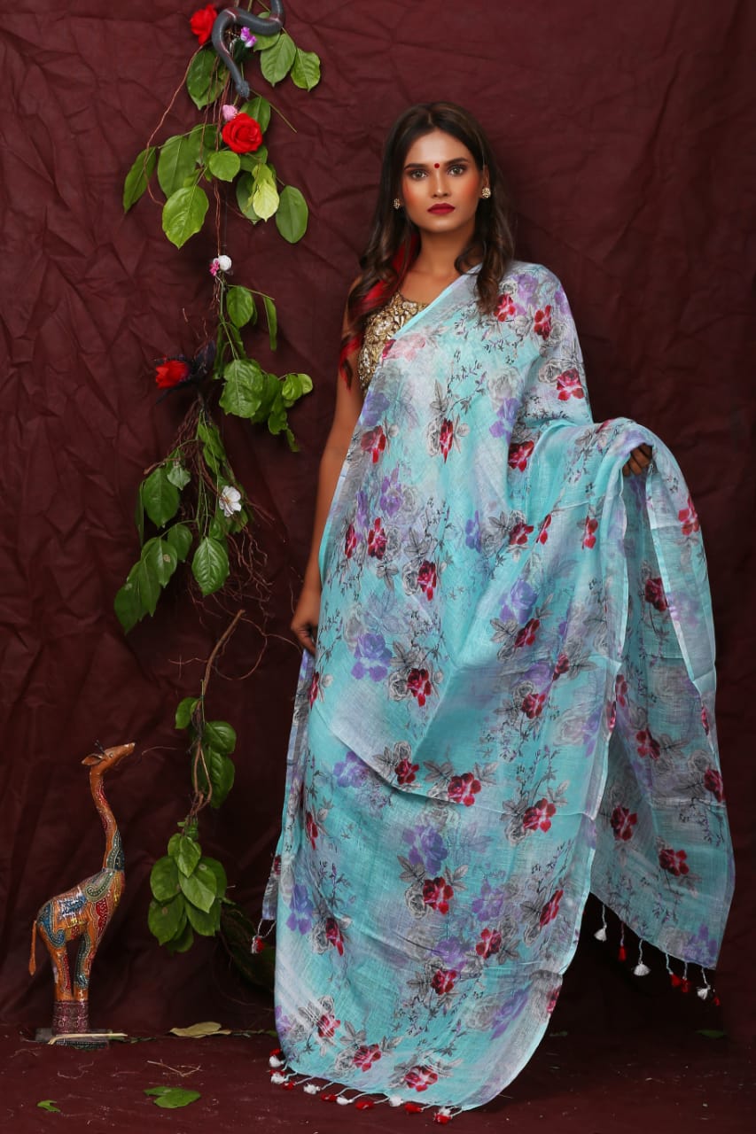 digital printed pure linen dupatta - linenworldonline.in