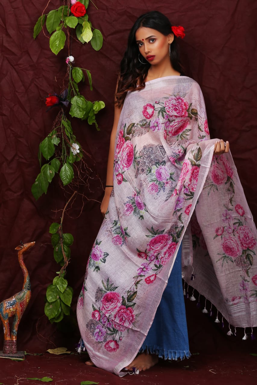 digital printed pure linen dupatta - linenworldonline.in