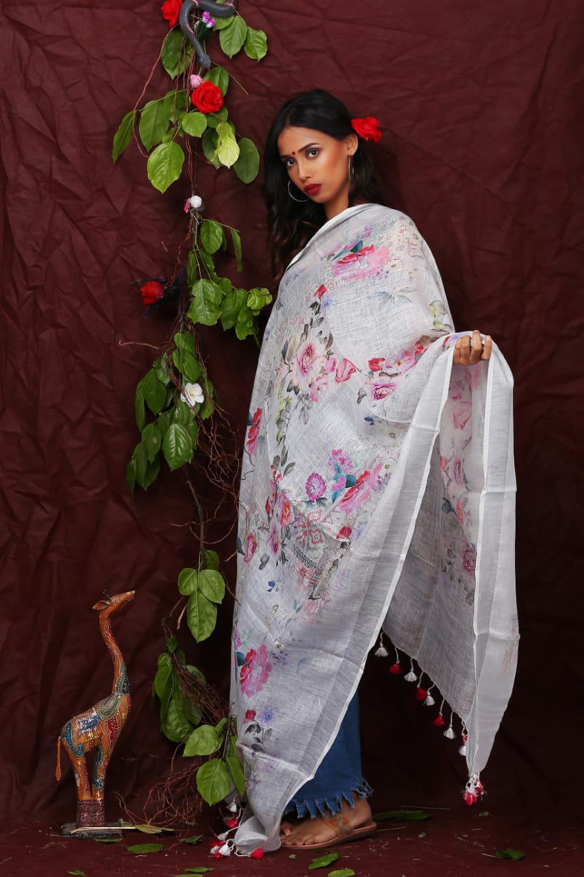 digital printed pure linen dupatta - linenworldonline.in