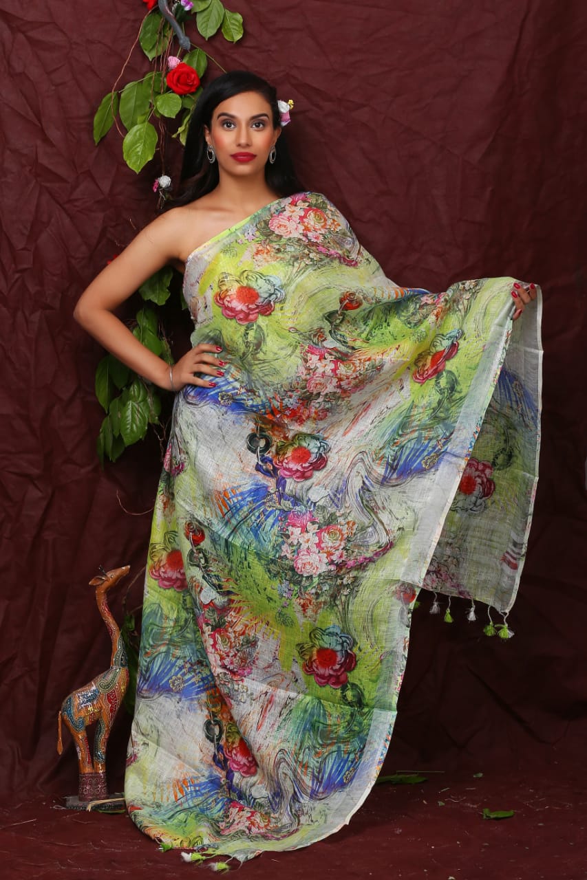 digital printed pure linen dupatta - linenworldonline.in