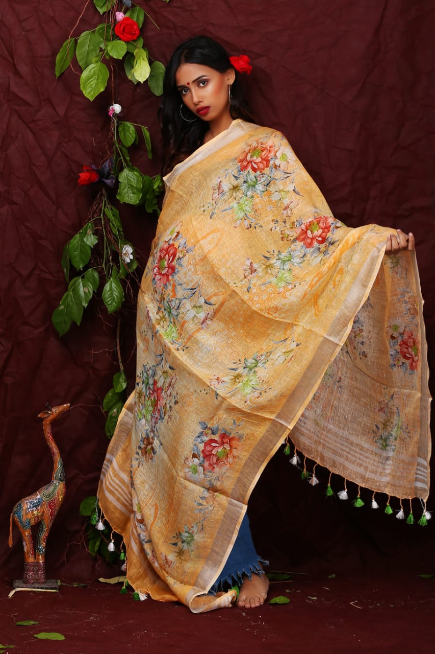 digital printed pure linen dupatta - linenworldonline.in