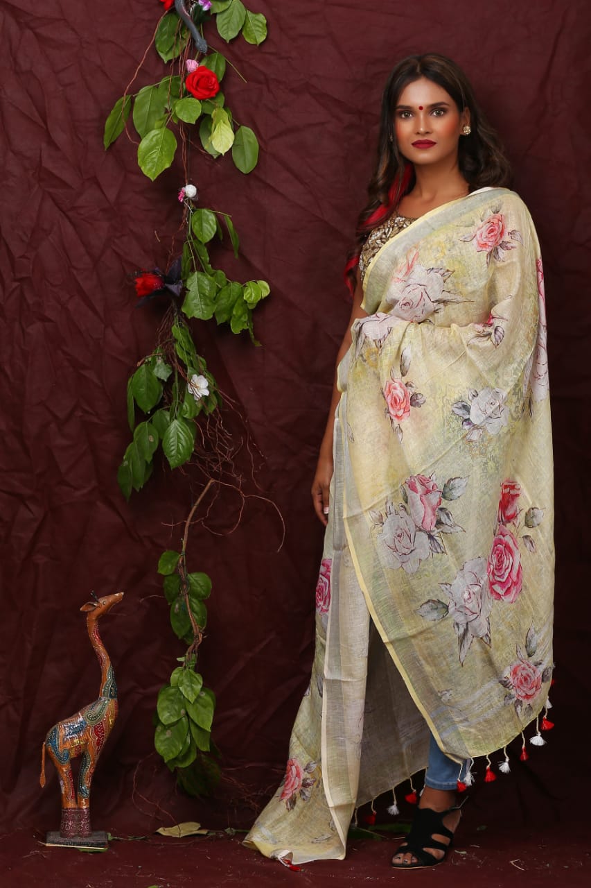 digital printed pure linen dupatta - linenworldonline.in