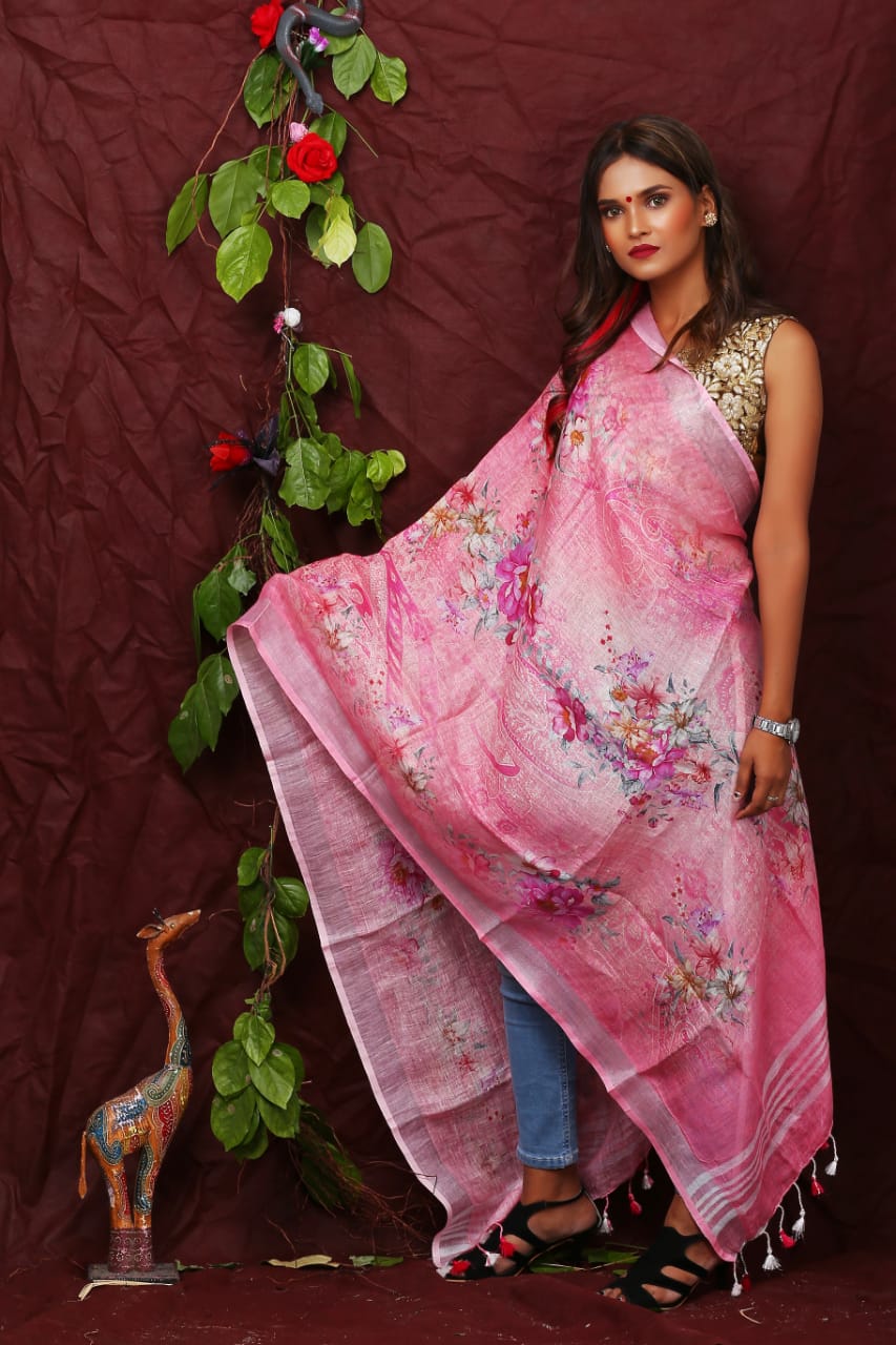 digital printed pure linen dupatta - linenworldonline.in