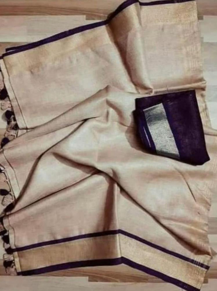 pure organic linen saree with contrast blouse - linenworldonline.in