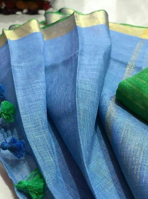 denim blue linen saree