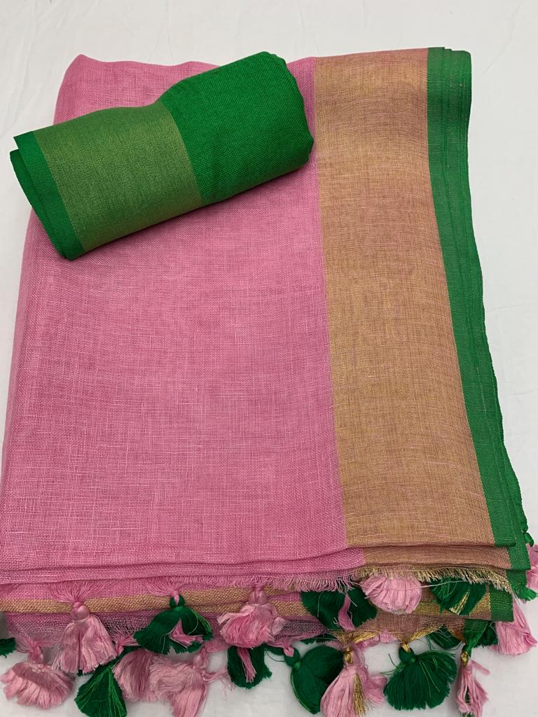 taffy pink pure linen saree