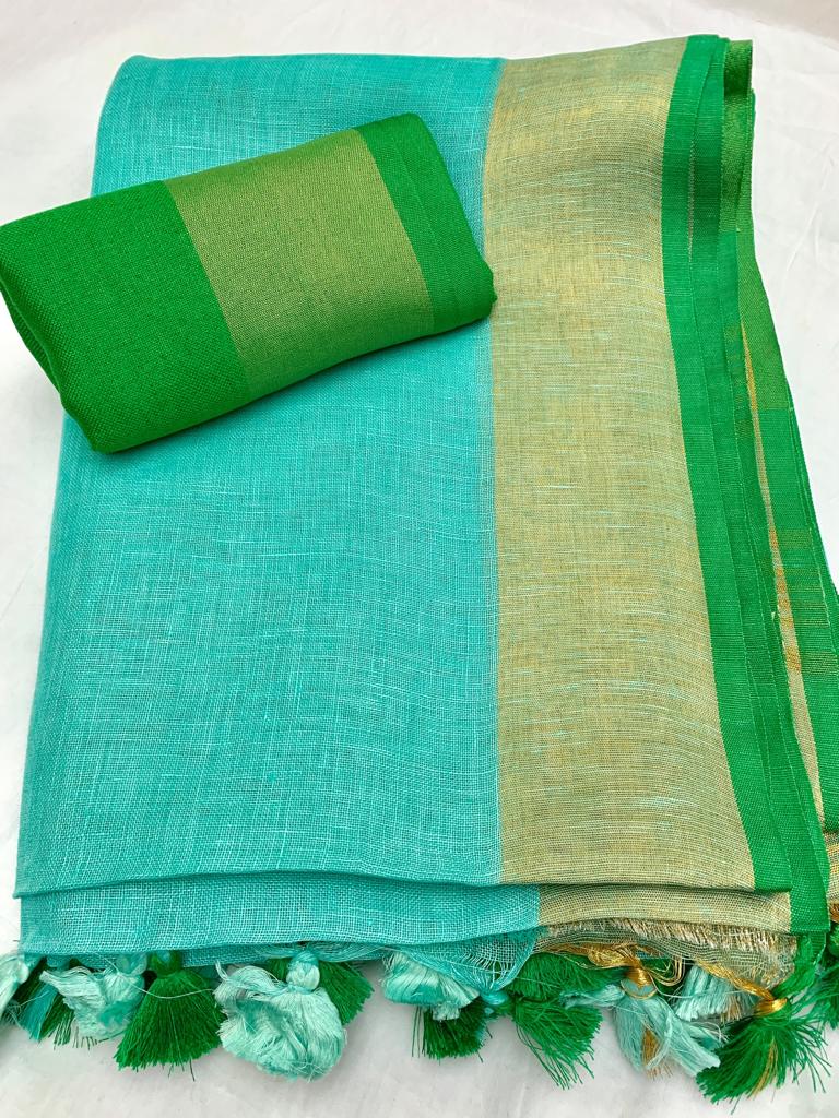 turquoise blue pure linen saree