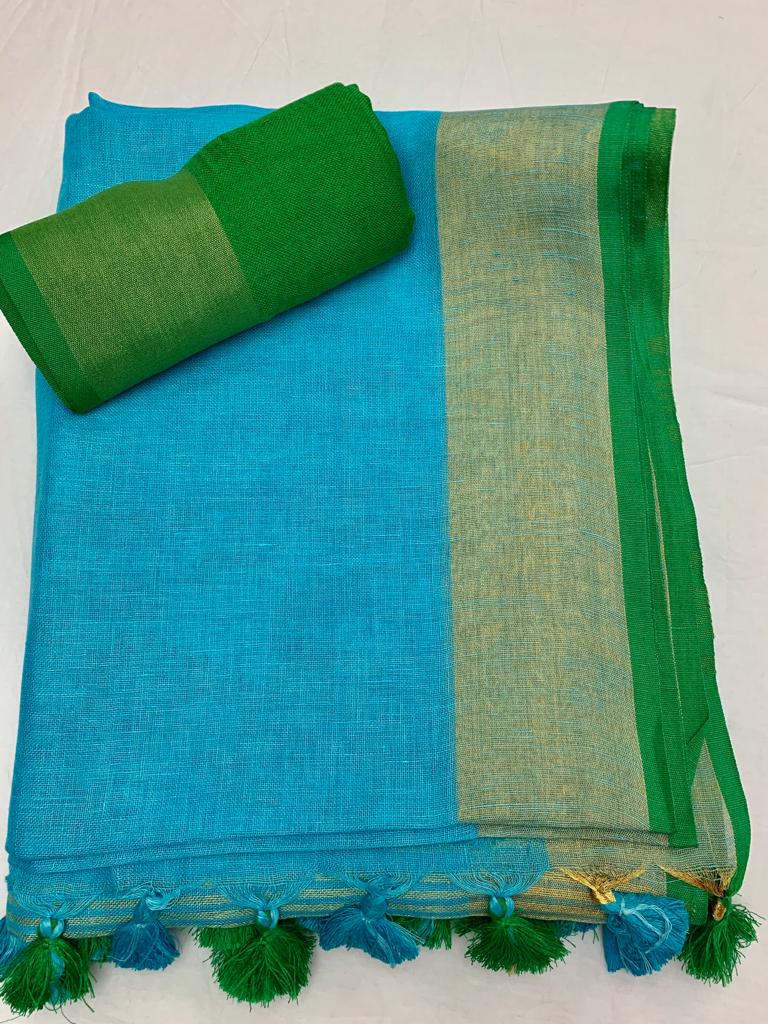 blue linen saree
