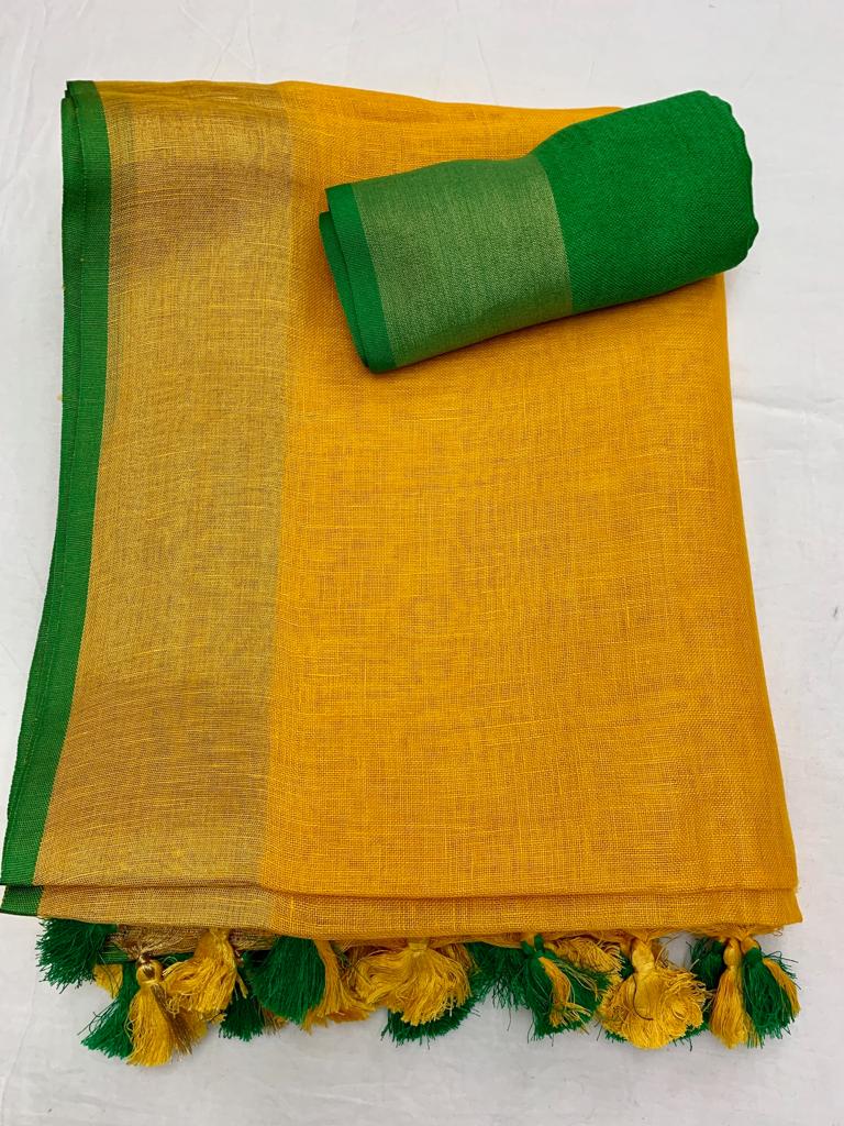 mustard yellow pure linen saree