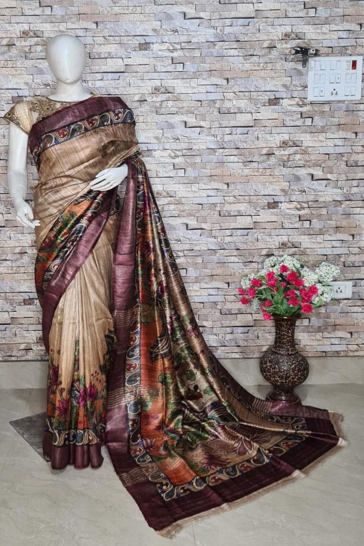 handloom tussar ghicha digital print saree - linenworldonline.in