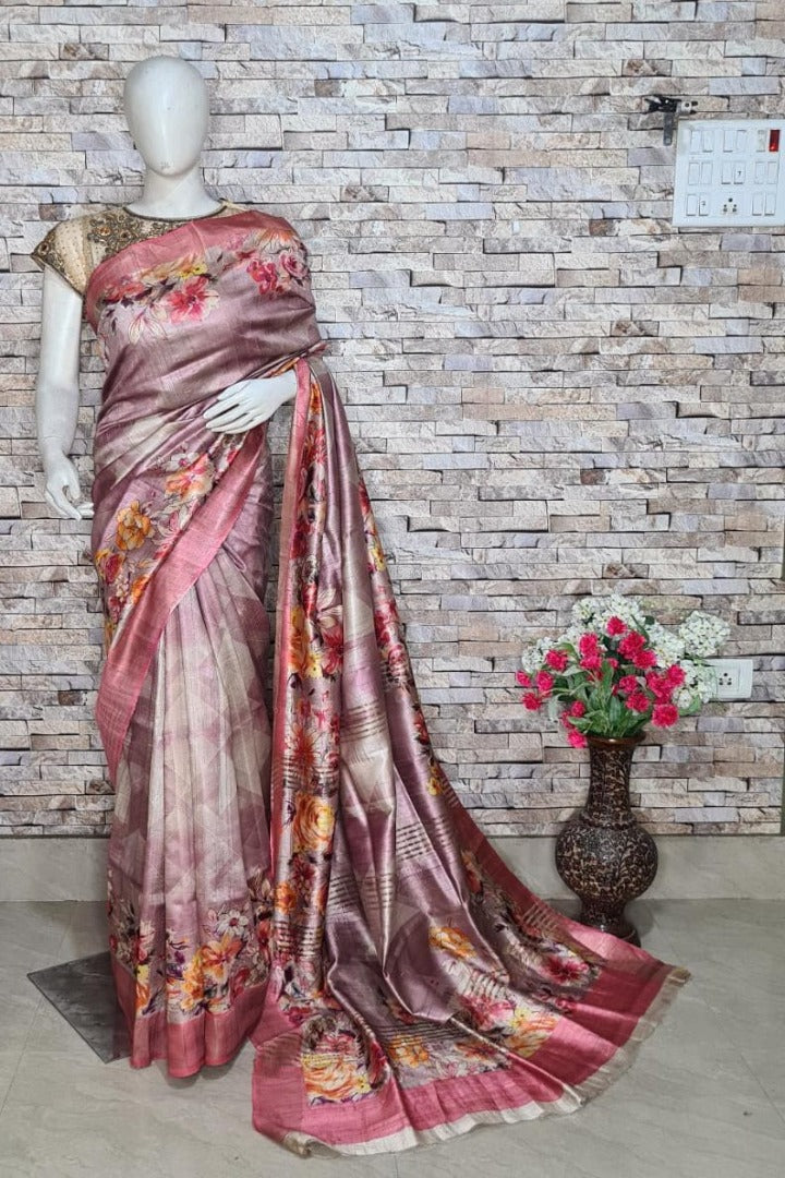 handloom tussar ghicha digital print saree - linenworldonline.in