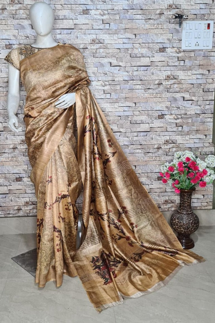 handloom tussar ghicha digital print saree - linenworldonline.in