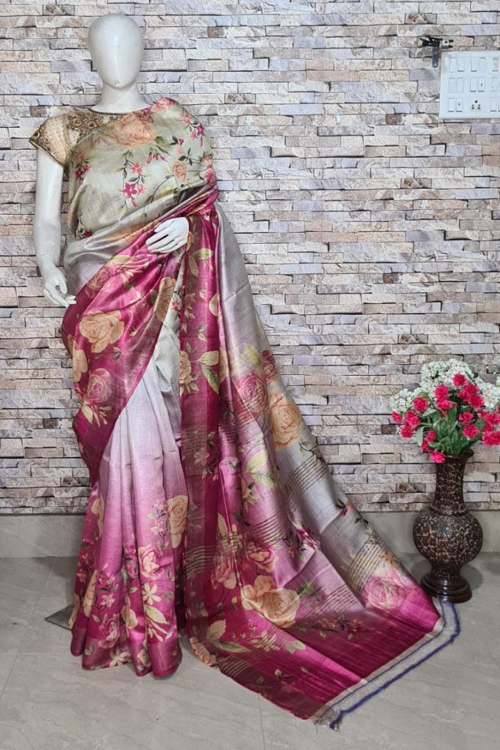 handloom tussar ghicha digital print saree - linenworldonline.in