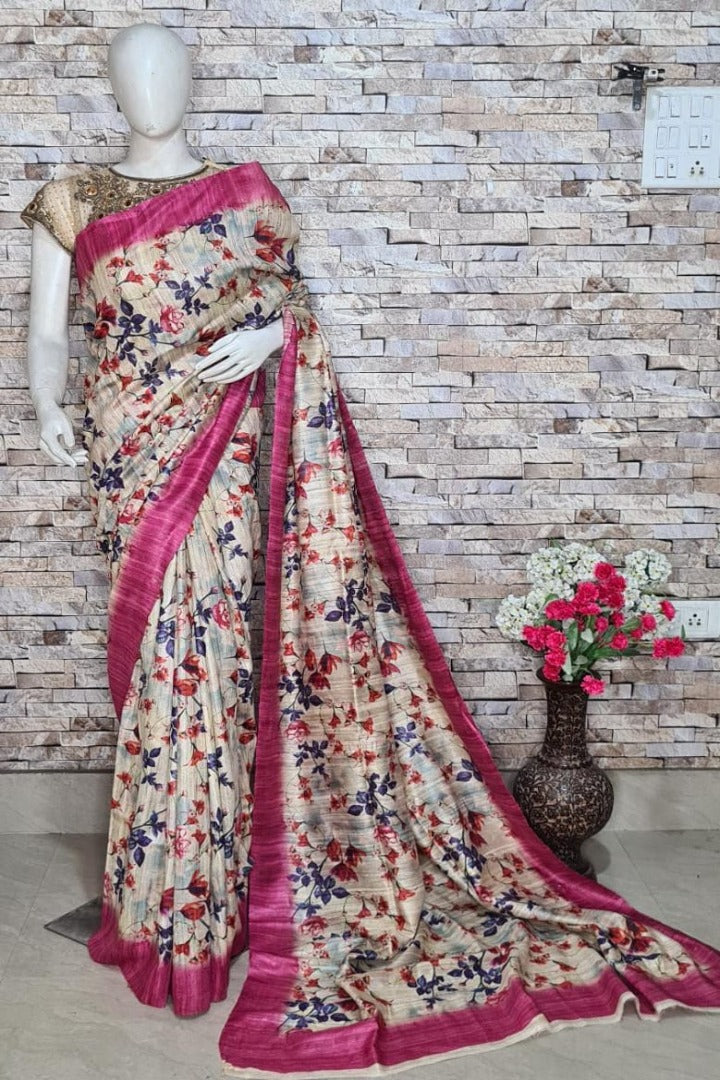 handloom tussar ghicha digital print saree - linenworldonline.in