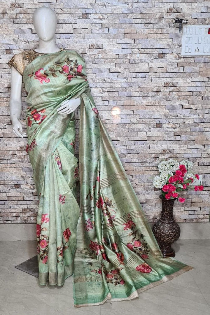 handloom tussar ghicha digital print saree - linenworldonline.in